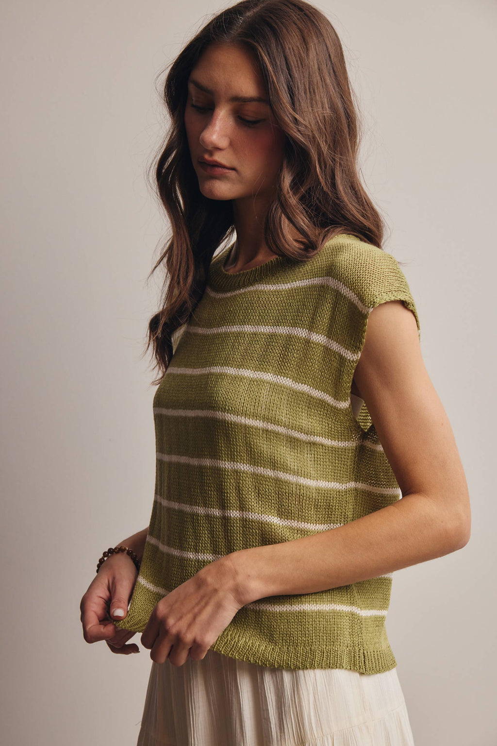 Striped Knit Cap-Sleeve Sweater Top