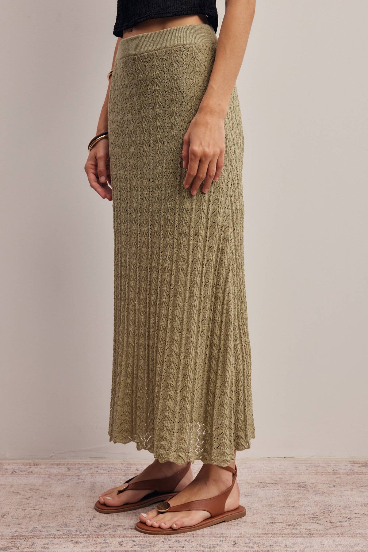 Pointelle Sage Knit Midi Skirt
