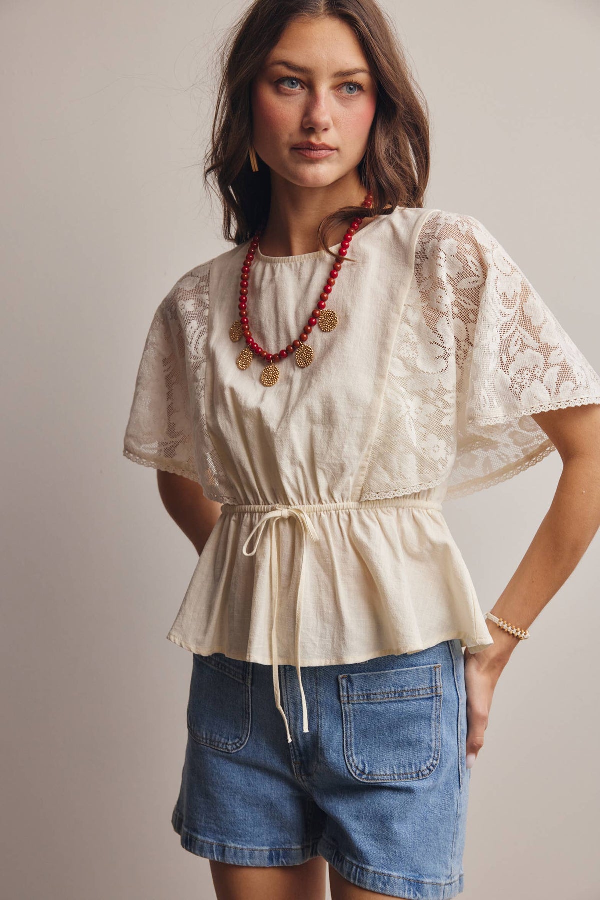 Lace Cape Sleeve Cotton Peplum Top
