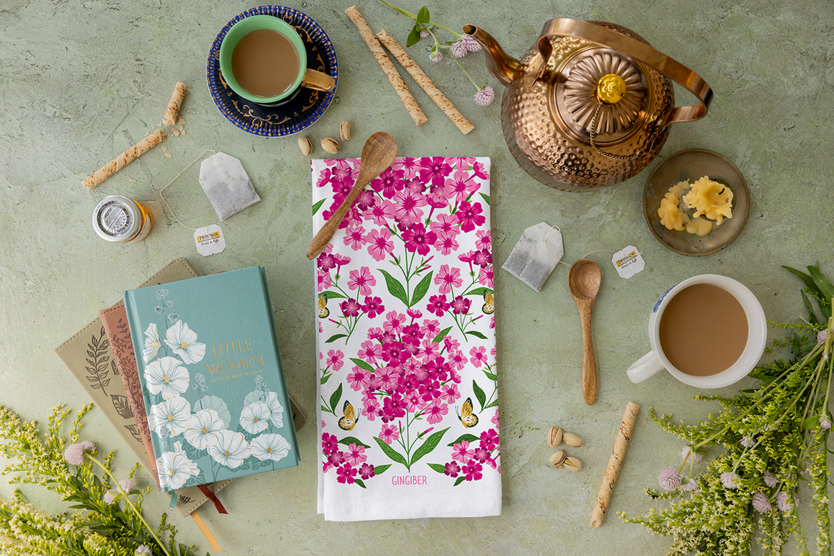 Pink Perennial Tea Towel - Spring Floral Kitchen Towel Decor