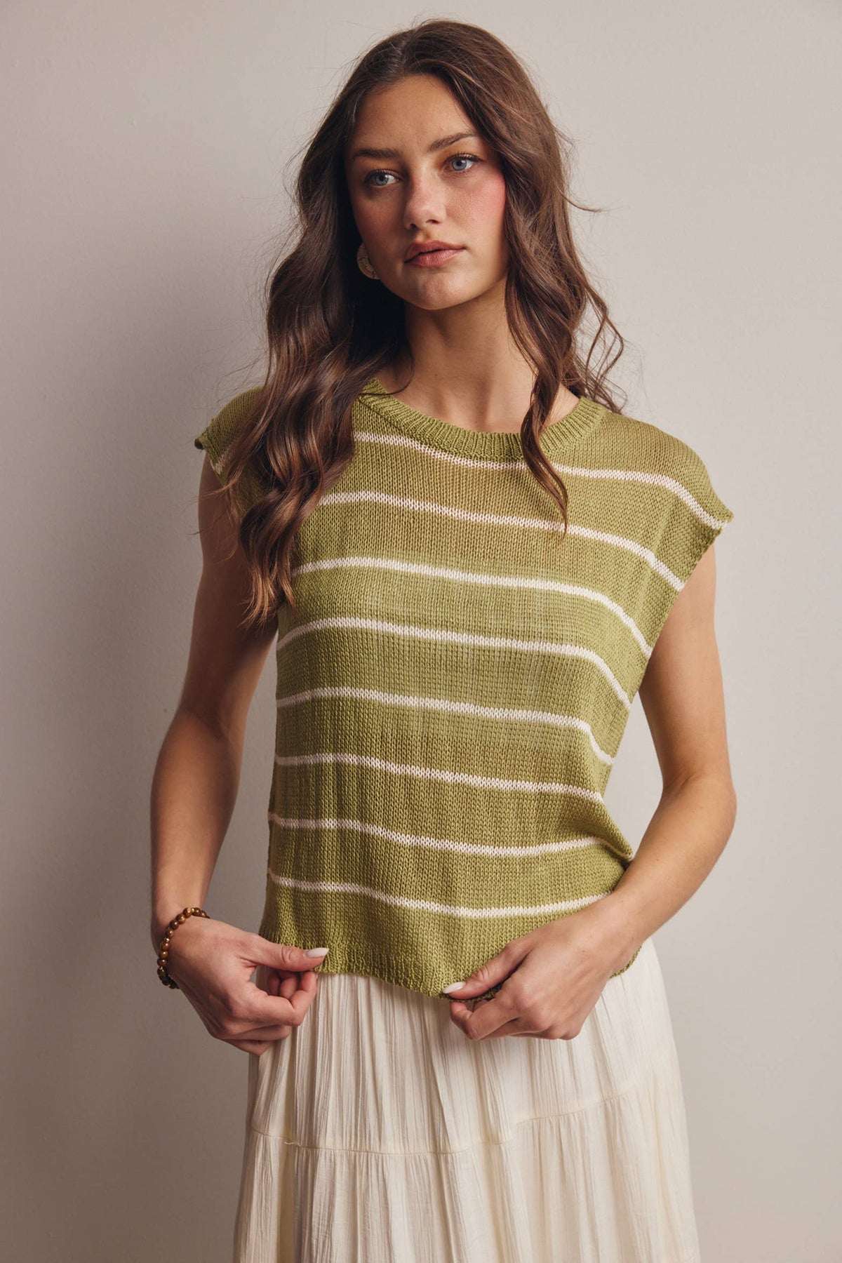 Striped Knit Cap-Sleeve Sweater Top