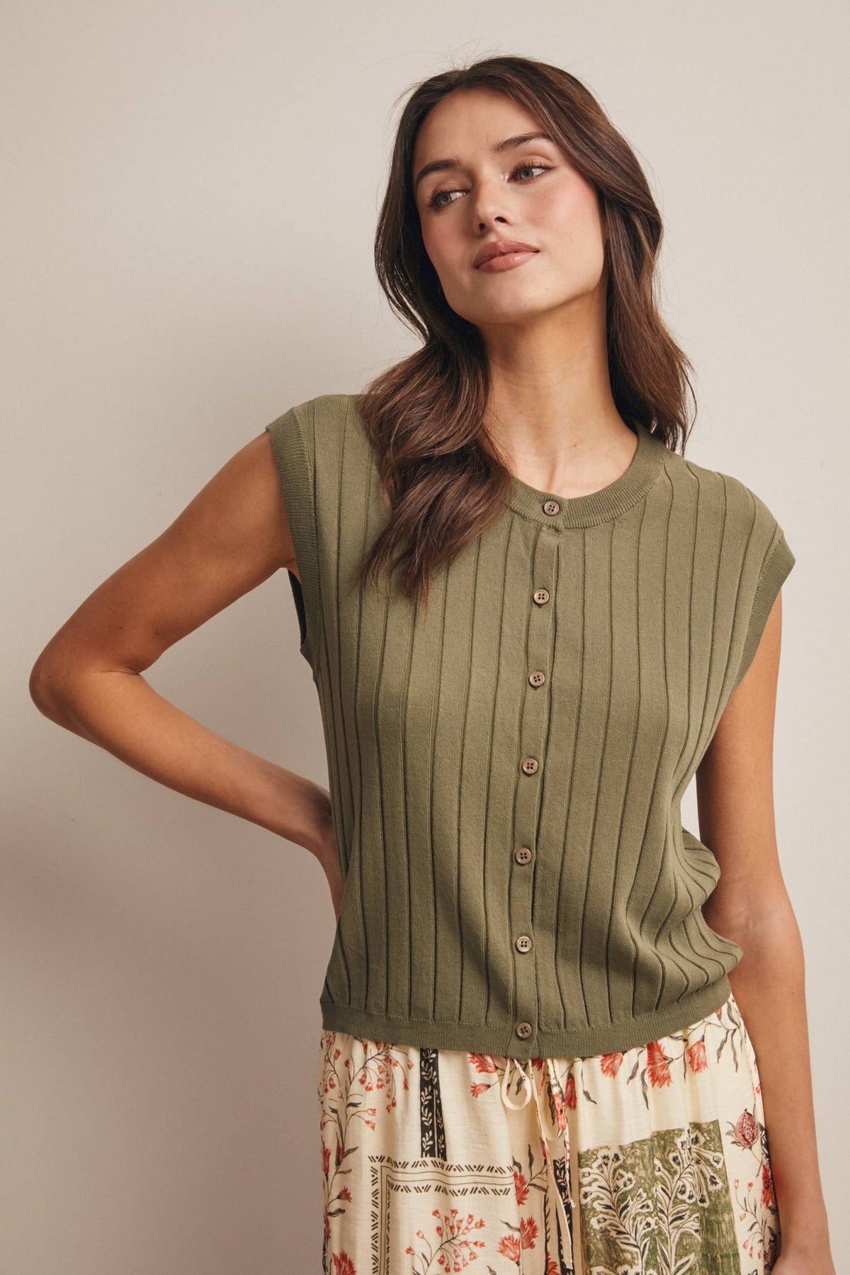 Ribbed Button-Front Knit Tank