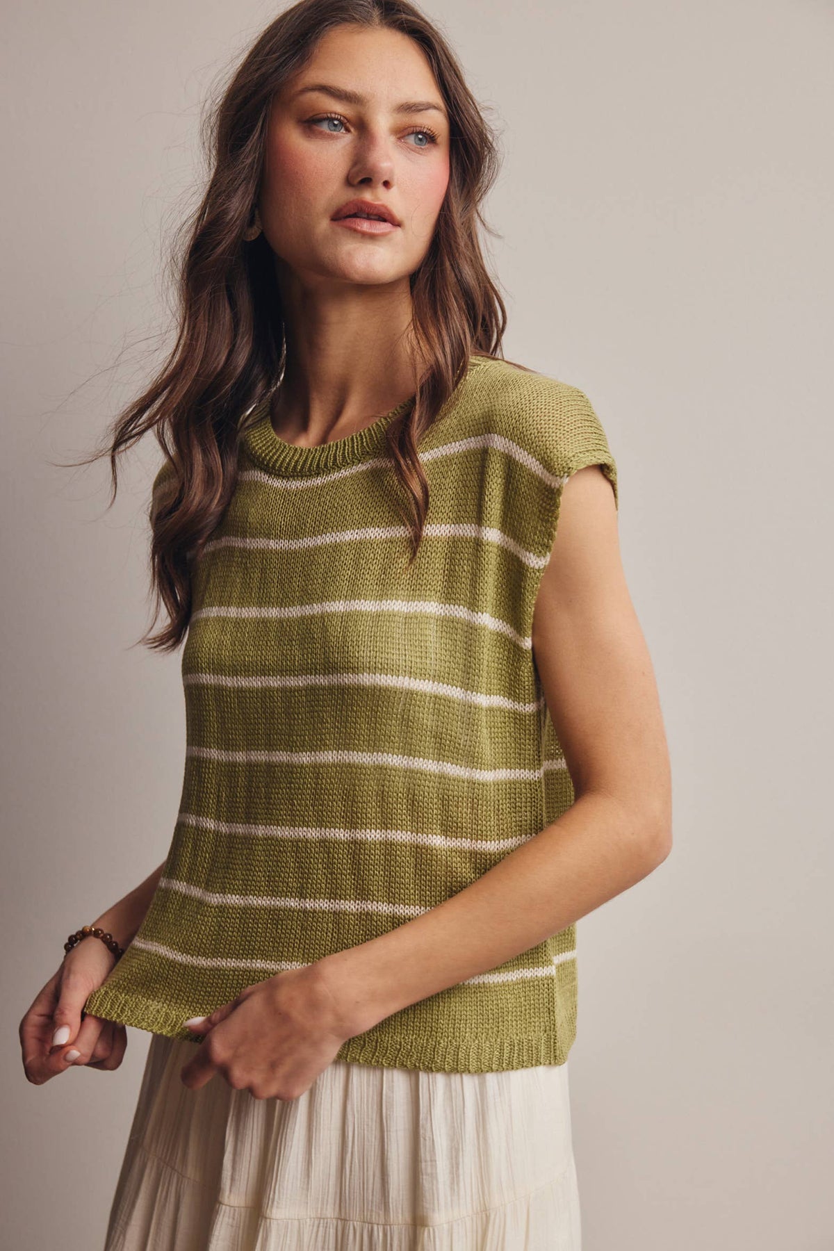Striped Knit Cap-Sleeve Sweater Top