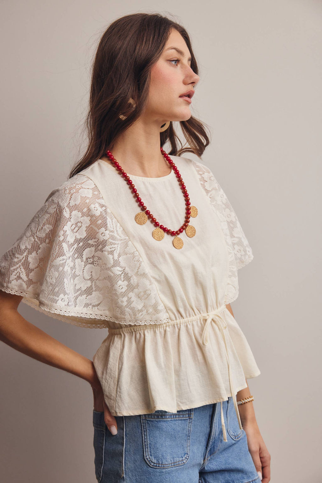 Lace Cape Sleeve Cotton Peplum Top