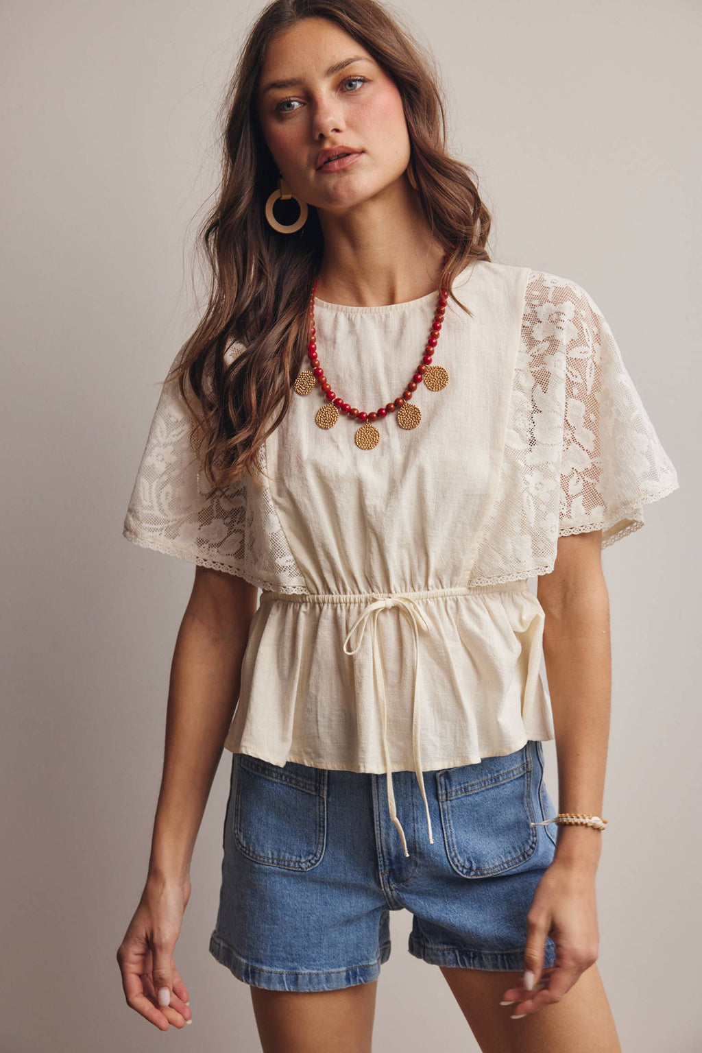 Lace Cape Sleeve Cotton Peplum Top