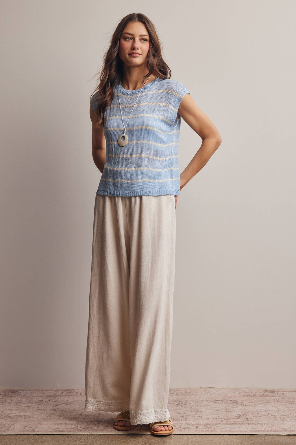 Striped Knit Cap-Sleeve Sweater Top