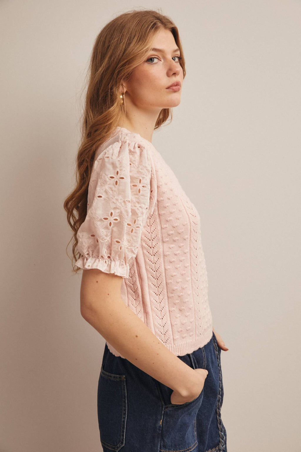 Lace Puff Sleeve Knit Top