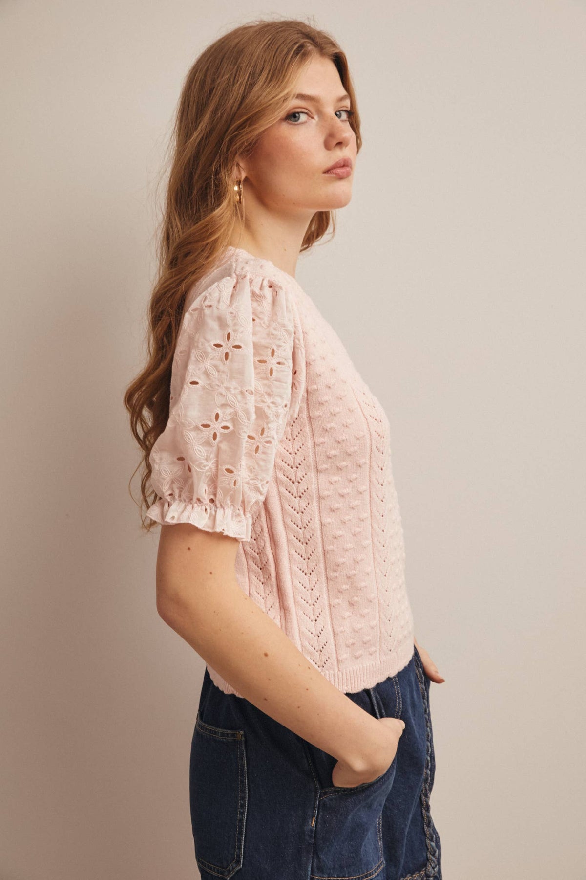 Lace Puff Sleeve Knit Top